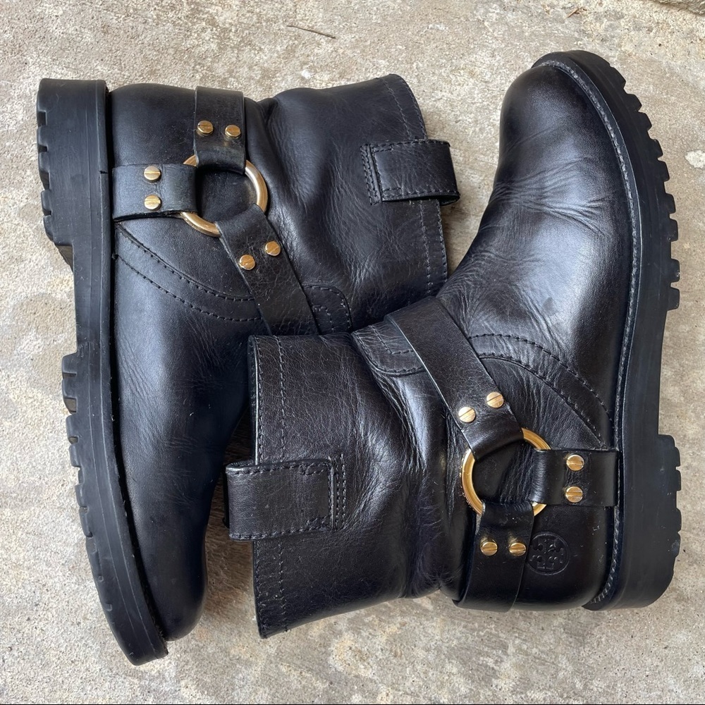 Rare Tory Burch Moto Boot Black Gold Leather Ronnie Biker Lug Sole Womens 7.5 - Picture 11 of 14